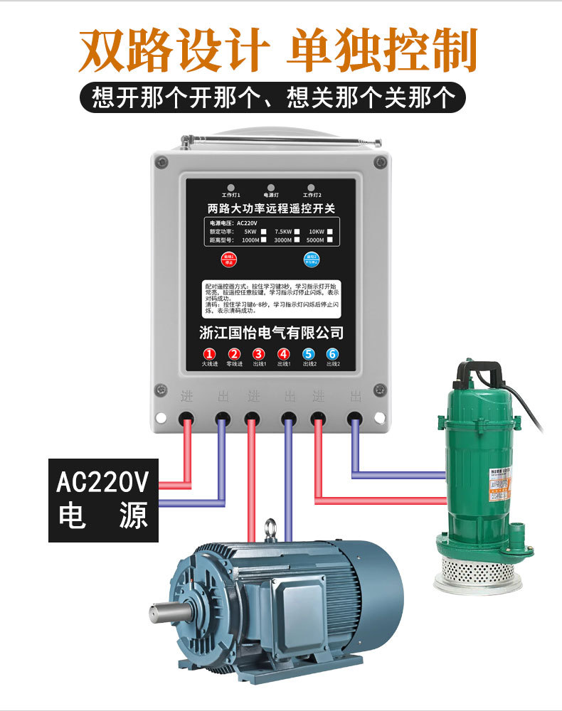 220V单相水泵电机远程遥控开关两路控制器无线遥控器电源断电开关详情6