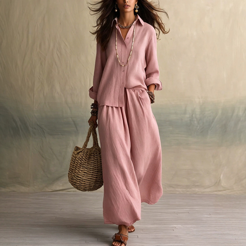 2026 New European and American Style Amazon Summer High-End Shirt Collar Loose Cotton-Linen Women's Set 2026 New European and American Style Amazon Summer High-End Shirt Collar Loose Cotton-Linen Women's Set
