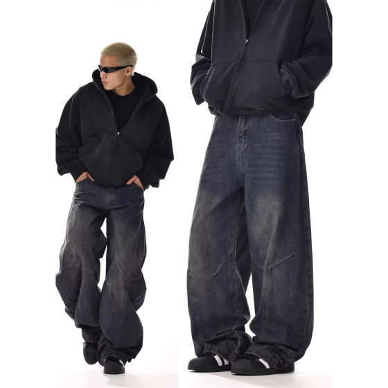Vintage Washed Deconstructed Scimitar Jeans Men's and Women's Loose Straight American Casual Wide Leg Baggy Trendy Mop Pants
