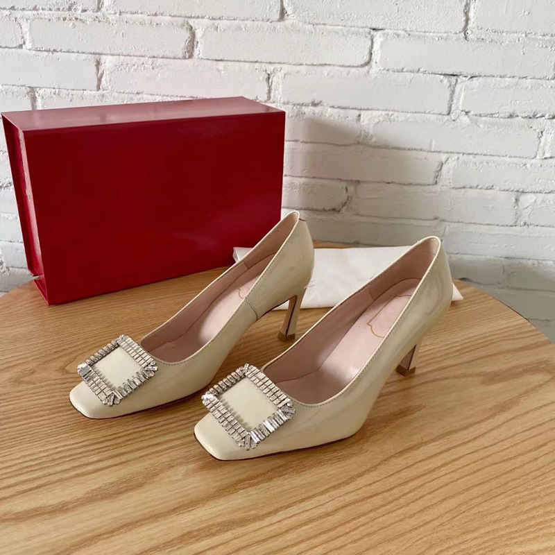 2023 Four Seasons New Women's Shoes Baking Paint Super Flash Olympic Diamond Single-Layer Shoes Women's High Heel Small Square Toe Single-Layer Shoes