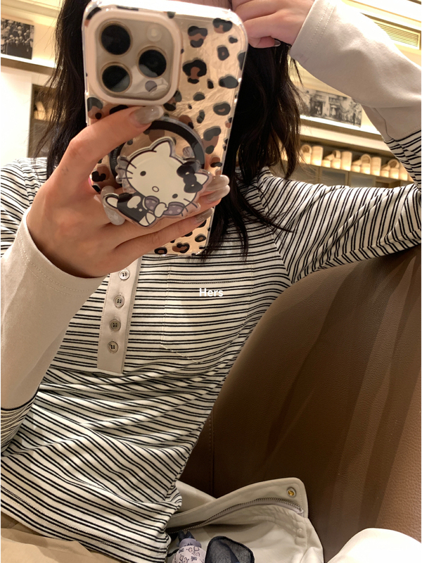 彼女のスイート初秋レディース韓国風シンプルレトロコントラストストライプハーフブレストラウンドネック長袖Tシャツ92033|undefined