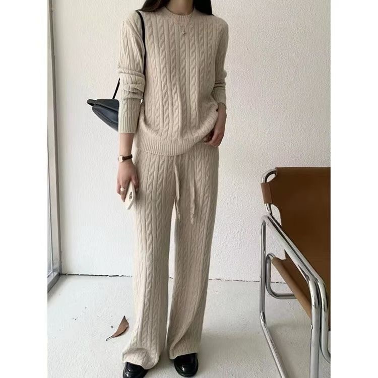 2025秋冬高腰垂感阔腿裤套装女宽松毛衣＋显瘦裤子轻奢法式通勤风|undefined