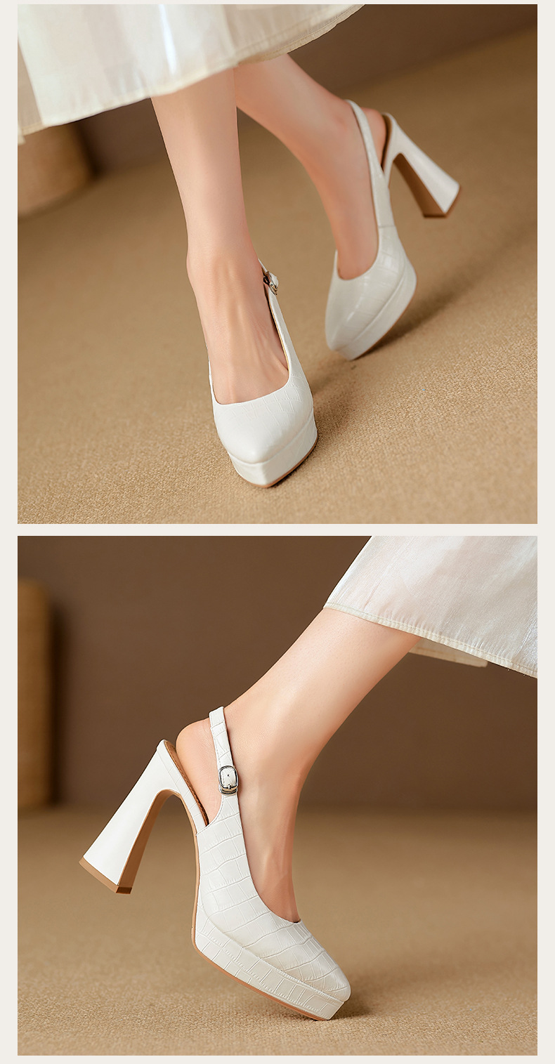 Sandal cao gót nữ mũi nhọn bít gót 10 cm, đế platform, da thật đi làm 2026 — màu trắng ngà, bạc chi tiết 10