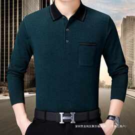 专柜百搭春秋款山羊绒长袖t恤男中年男翻领纯色打底衫爸爸体恤衫