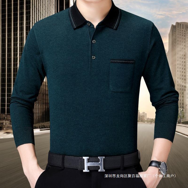 Counter All-Match Spring and Autumn Cashmere Long-Sleeved T-Shirt Men's Middle-Aged Men's Lapel Solid Color Base Shirt Dad's T-Shirt