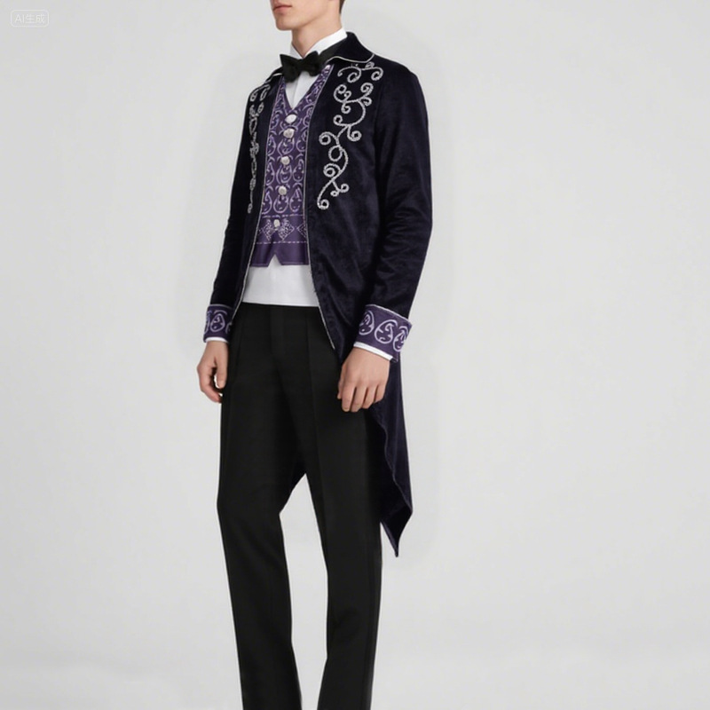 Amazon European and American Halloween Cos Medieval Silver-Edged Tuxedo Retro Clothing Mid-Length Punk Men's Coat