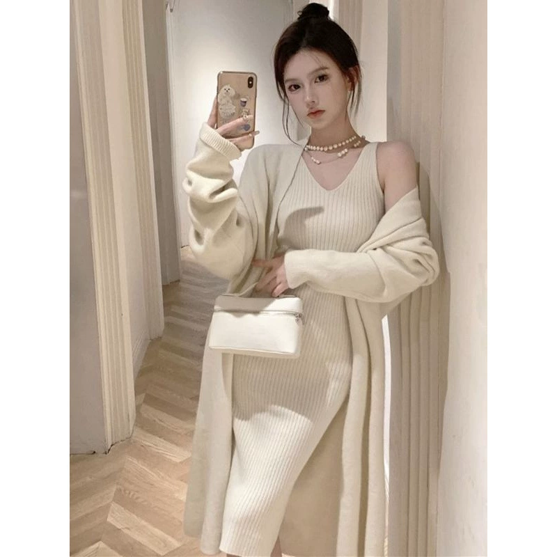 Модный длинный кардиган, платье, осенний комплект, вязаный свитер, сексуальная юбка, облегающий крой