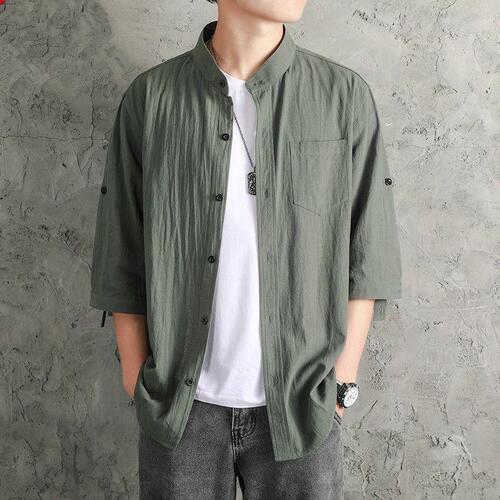 Linen Shirt for Men, Plain Color Men's Shirt, Loose Men's Clothing, Chinese Style Summer Cotton Linen Men's Casual Jacket, Seven-Sleeve Clothing