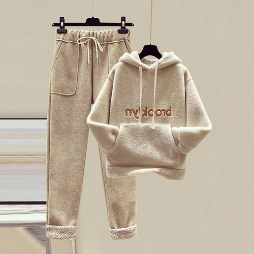 Lamb's Wool Fleece Thick Set Women's Autumn/Winter New Embroidered Sweatshirt Women + Wool Knit Wide Leg Pants Two-Piece Set