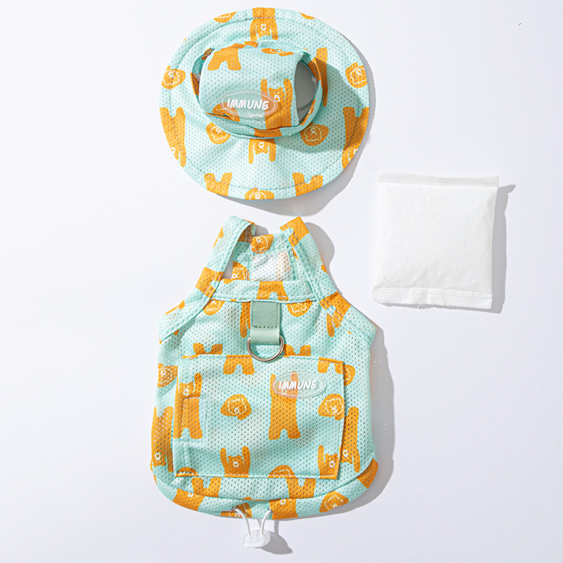 Verano perro elástico oso tracción sandala sombrero set gatito refrigeración Teddy Bear mascota ropa de perro