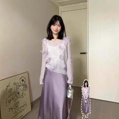 紫色半身裙子醋酸姐系贵感夏日绝美套装气质韩系一整套ootd轻熟风