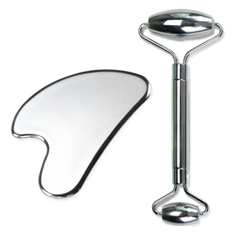 En stock 304 de acero inoxidable rodillo masajeador metal cara raspado tablero en forma de corazón cara de doble cabeza elevación belleza palo