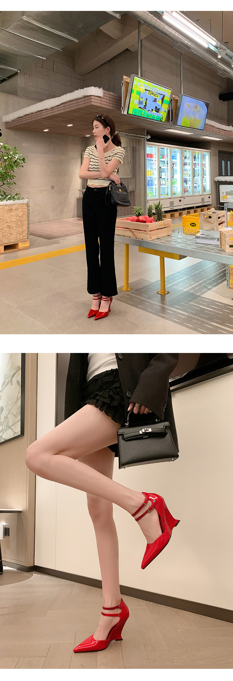 Giày cao gót nữ mũi nhọn Mary Jane đế xuồng platform da thật — màu đen, màu mơ, màu đỏ chi tiết 28