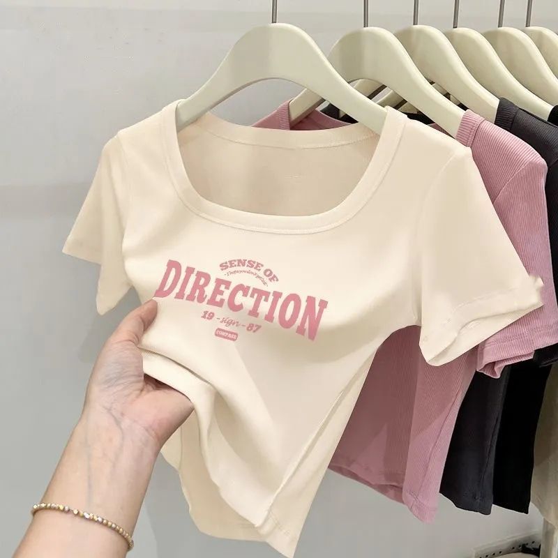女性用ショートスクエアネック半袖Tシャツ、夏用右肩スリムフィットショートハイウエストニッチへそ出しホットガールトップス小柄な人向け|undefined