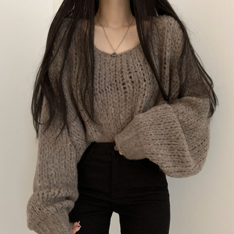 Korean Autumn Versatile Candy Color Skin-Showing Pullover Loose Thick Line Lantern Sleeve Knitted Sweater for Women