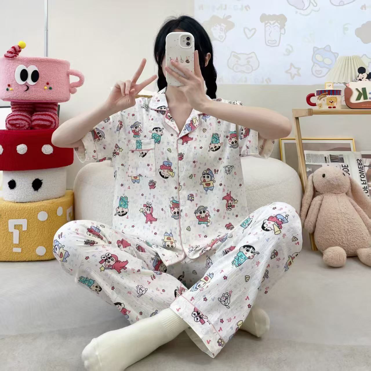 Venta al por mayor transfronteriza de una variedad de pijamas para mujer verano nueva nube cárdigan de gasa de algodón pantalones de manga corta lindo traje de servicio a domicilio