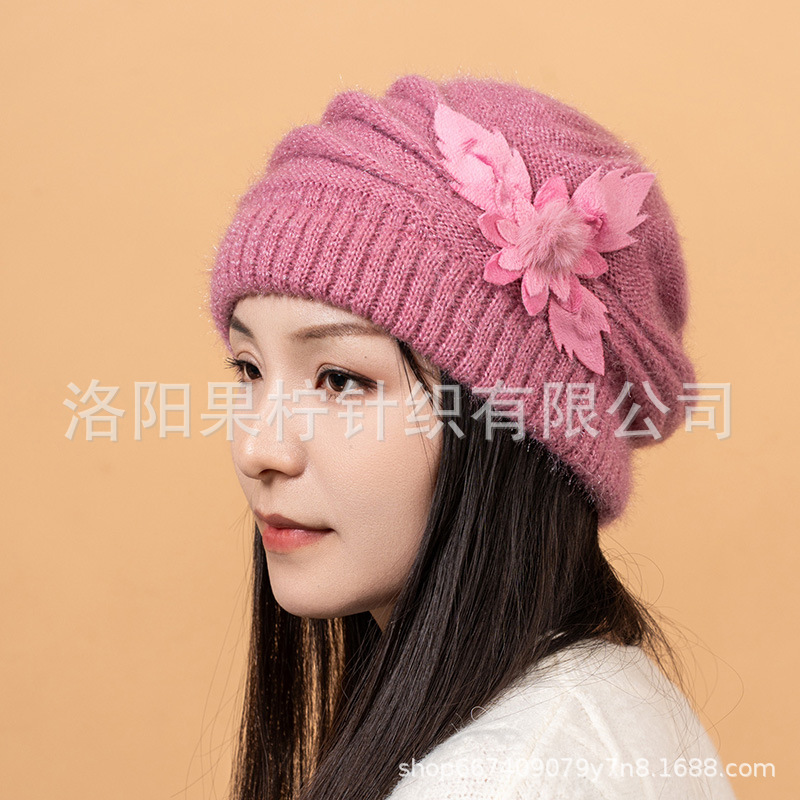 秋冬季妈妈帽子 时尚百搭花朵兔毛帽加厚贝雷帽保暖针织毛线帽子