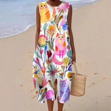 跨境新款亚马逊独立站3d印花圆领套头时尚休闲女士无袖连衣裙