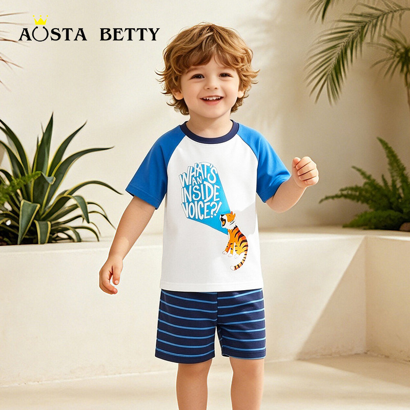 Conjunto de camiseta de manga corta estilo europeo y americano para niños, 26 diseños de verano con estampado de dibujos animados para niños y bebés, conjunto de dos piezas con cuello redondo para niños.