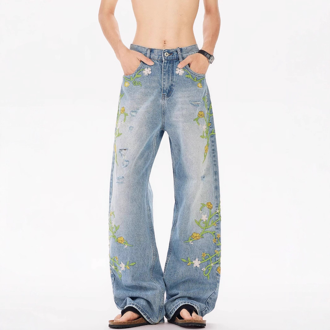 Nicho americano flor bordado jeans hombre verano 2025 nuevo estilo de moda recto delgado vibe pantalones largos