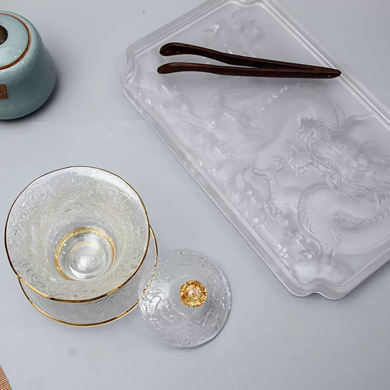 玻璃三才盖碗托盘中国风祥龙茶盘茶具套装龙盖碗壶承干炮台茶具