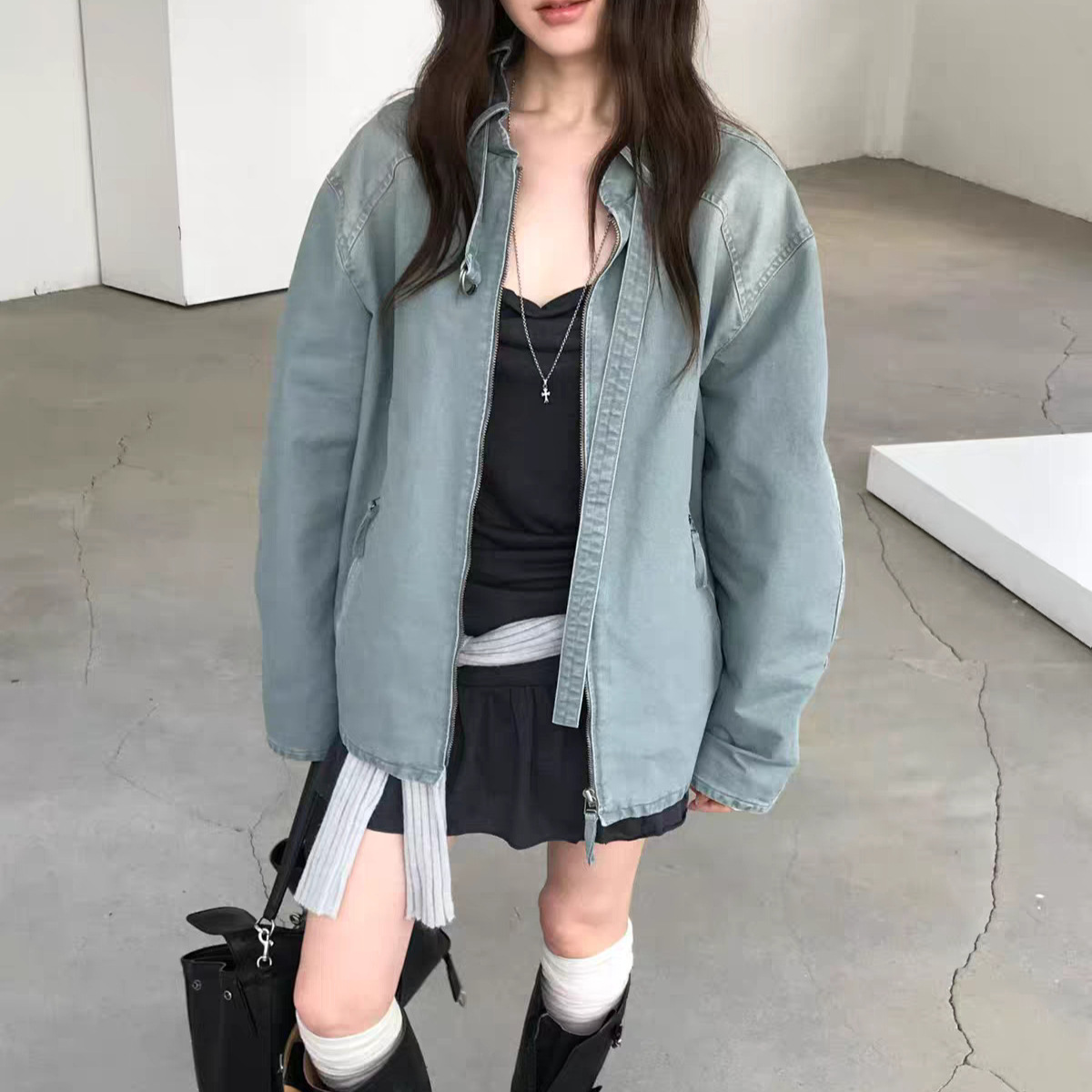 Xh Korean-Style Stand-Collar Jacket Dongdaemun Autumn New Vintage Washed Workwear Denim Jacket for Women