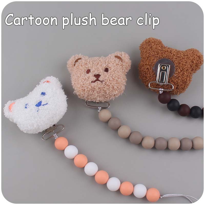 Nuevo bebé de dibujos animados de felpa cabeza de chupete clip calmante bebé DIY silicona mordida Cadena de chupete cadena anti-gota