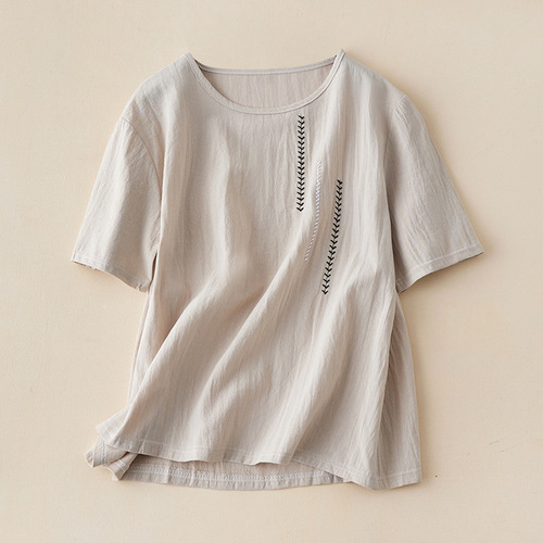 Art Deco Retro Short Sleeve Women's Embroidered Cotton Linen Crew Neck Summer Loose Plus Size Versatile T-Shirt Hooded Top for Women