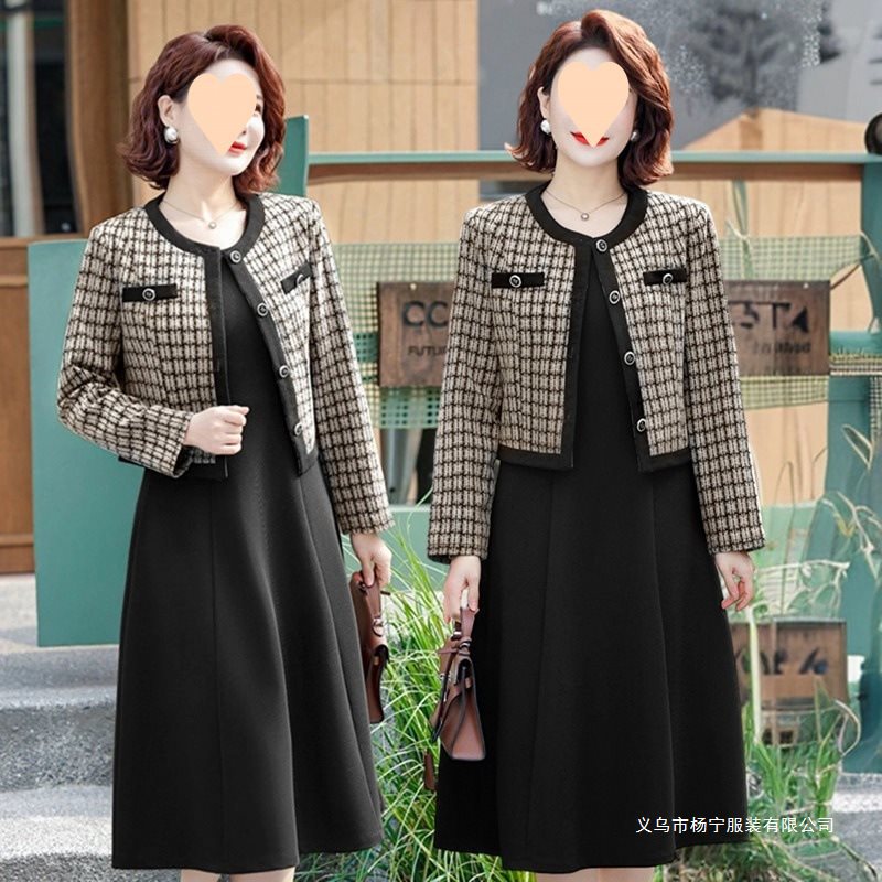 中年妈妈装春秋小香风外套时尚两件套新款中老年女洋气连衣裙套装