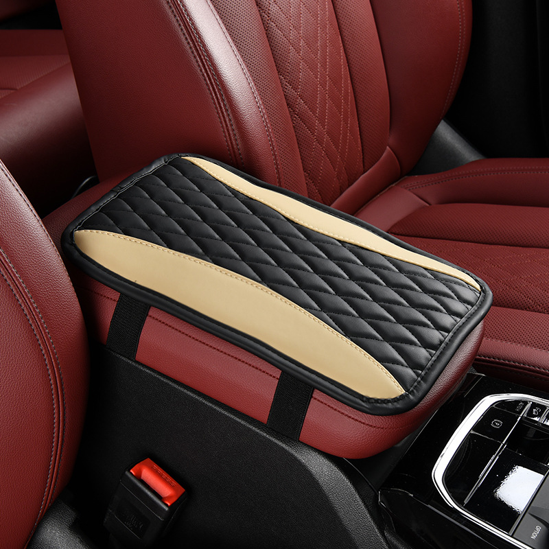 Universal – Armrest box pad Pad PU Leather - two-tone-black-beige-no-side-pocket
