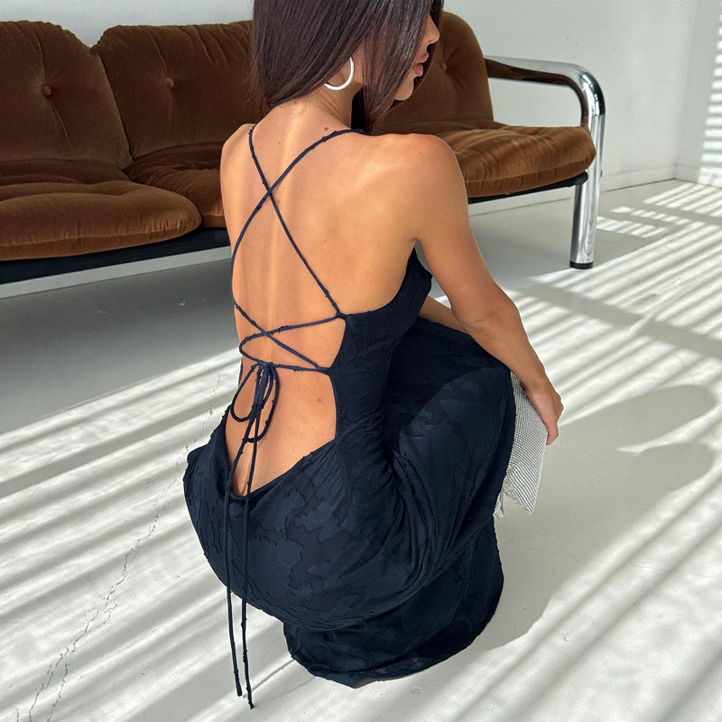 Women's Sexy and Charming Long Backless Lace-Up Sleeveless Cocktail Dress with Low Neckline Design