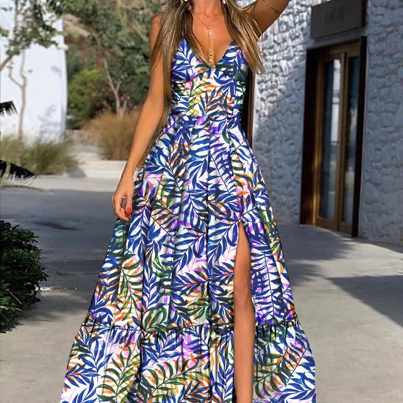 2024 neues grenzüberschreitendes europäisches und amerikanisches Frühlings- und Sommerkleid mit tiefem V-Strapsdruck für Damen von Amazon