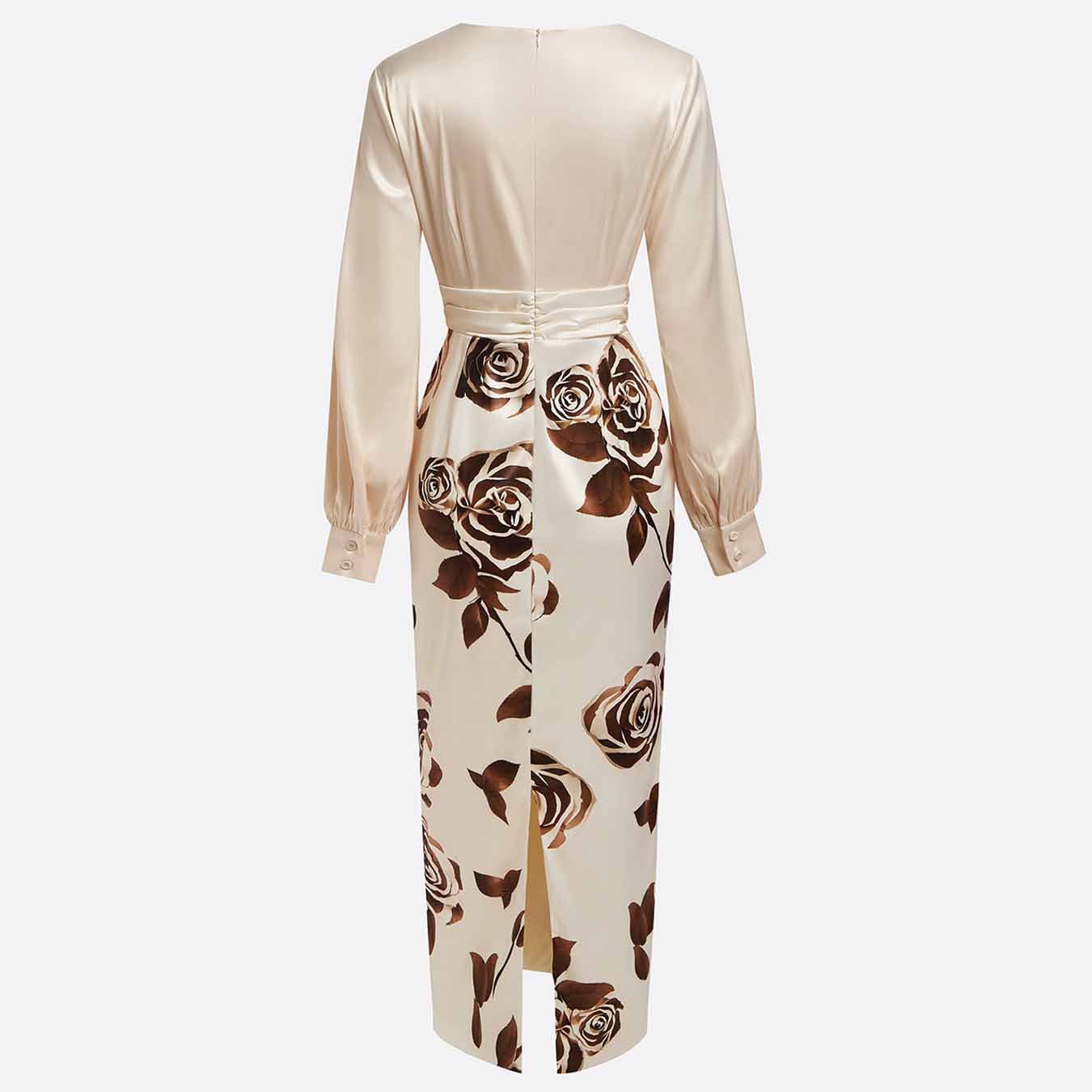 Elegantes Langarm Satin Kleid Mit Blumenmuster Für Damen_voghion.com