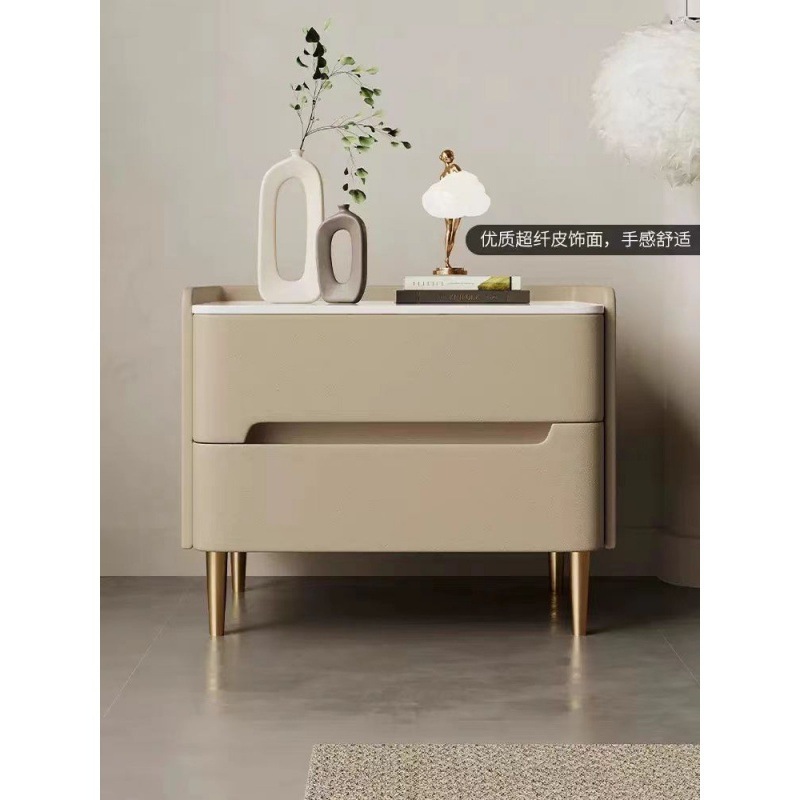 Italian light luxury rockboard solid wood bed side cabinet leather minimalist modern bedroom home use bed side table small whole set