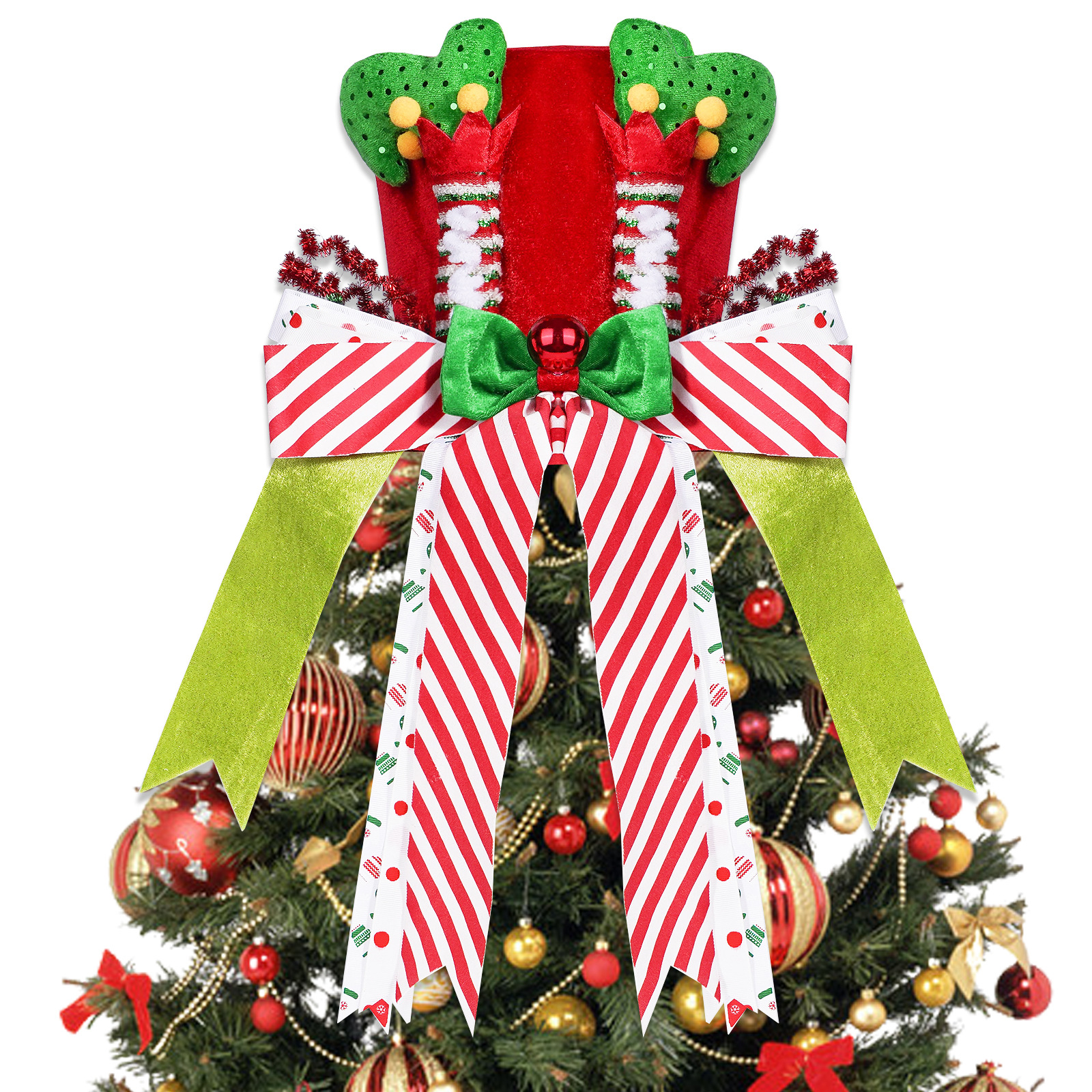 Adornos para árbol de Navidad, topper de árbol con lazo a rayas, sombrero de árbol, topper de árbol de Navidad con lentejuelas, adorno colgante