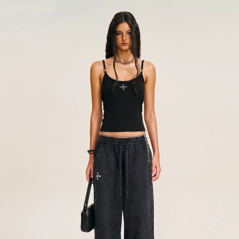 Smfk Cross Seal Acetate Tight Suspender Black Pure Color Shoulder Strap Adjustable Top