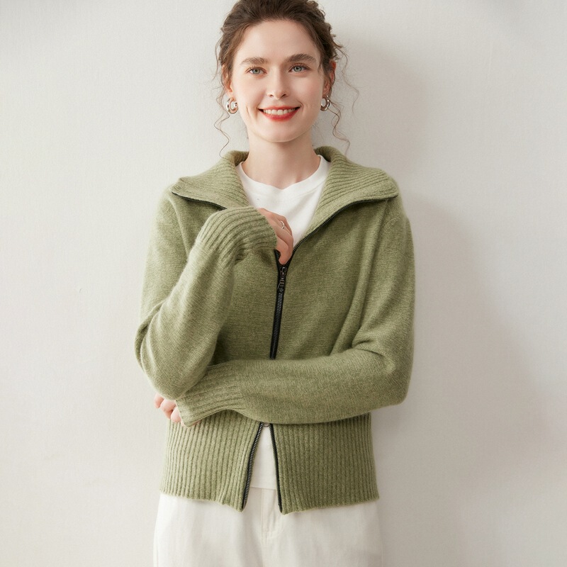 New Autumn and Winter Women's Floral Zipper Cashmere Knit Cardigan with Soft Turn-Down Collar, Elegant Short Coat