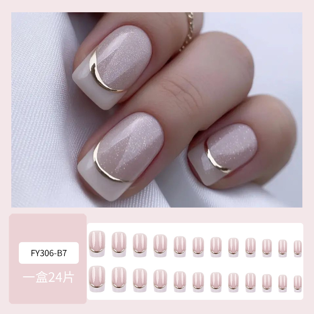 24 piezas de polvo desnudo brillo francés para usar uñas cuadradas cortas de comercio exterior uñas falsas de hielo a través de Phnom Penh lujoso manicure image 3