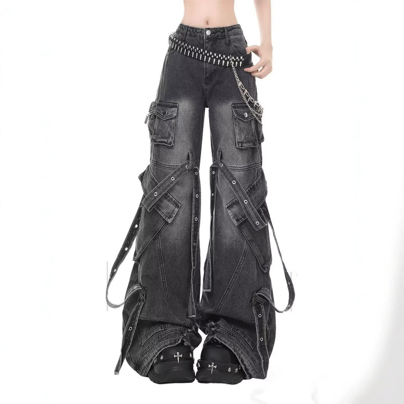 American High Street Heavy-Duty Washed Multi-Pocket Workwear Jeans for Men and Women with Y2K Punk Design and Slightly Flared Pants Trendy Style American High Street Heavy-Duty Washed Multi-Pocket Workwear Jeans for Men and Women with Y2K Punk Design and Slightly Flared Pants Trendy Style