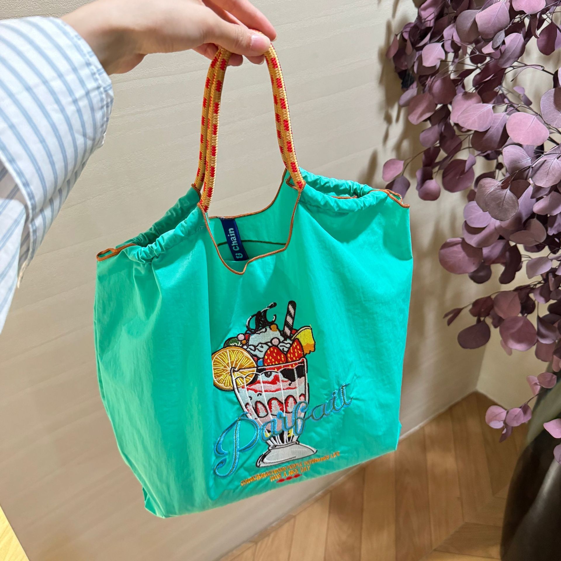 Bolsa de compras ecológica de cadena de bolas casera japonesa, bolsa de lona portátil bordada de tela de nailon, bolsa de compras de nailon
