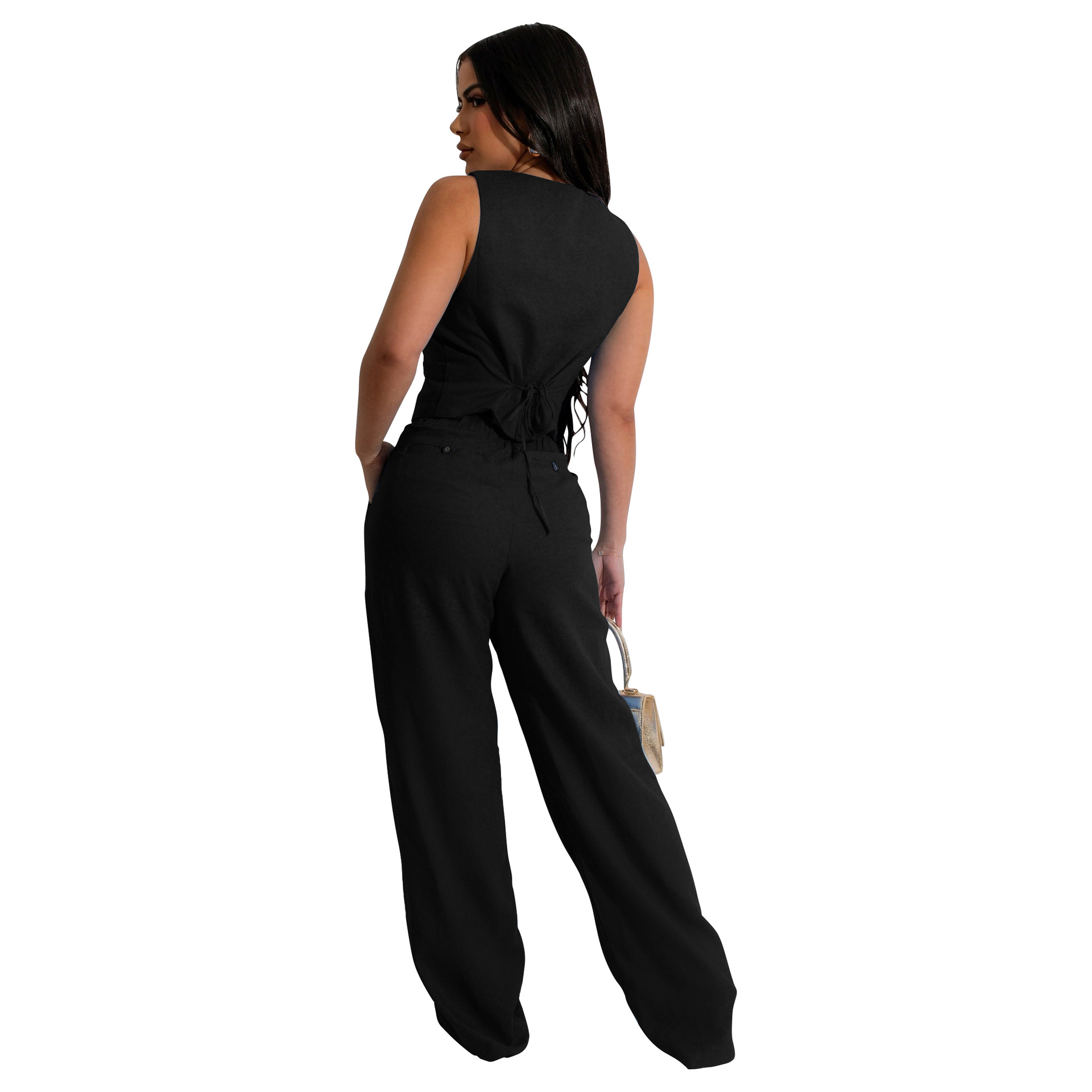 350g Weight Sleeveless Sleeve Length Spandex, Polyester Fabric Type Pant Co-ord Set Sets Type 2 Pieces Set Quantity Holiday Occasion V Neck Neckline Slim Fit Type Solid Color Pattern Summer Season Women's Gender Button Design Casual Style Holiday Women's Casual Solid Color Spandex Polyester Button Pant Co-ord Set Pants Sets 13