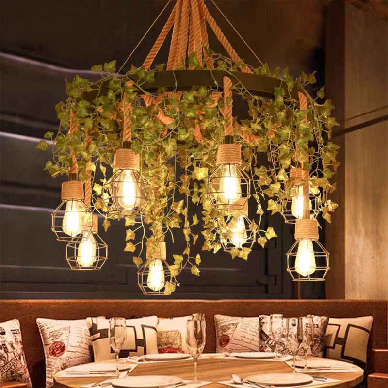 Restaurant Bar Clothing Store Hemp Rope Chandelier Vintage Industrial Style Barbecue Shop Candle Creative Personalized Plant Lamp