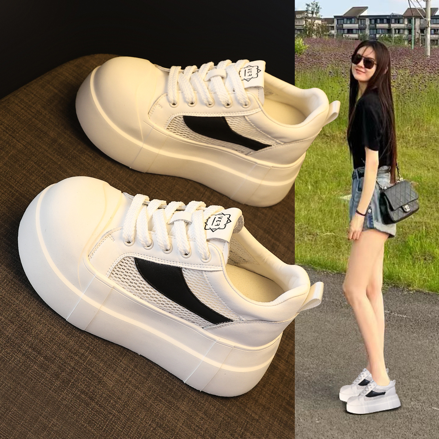 Giày sneaker nữ đế dày tăng chiều cao phong cách thể thao trắng basic — Bạc trắng