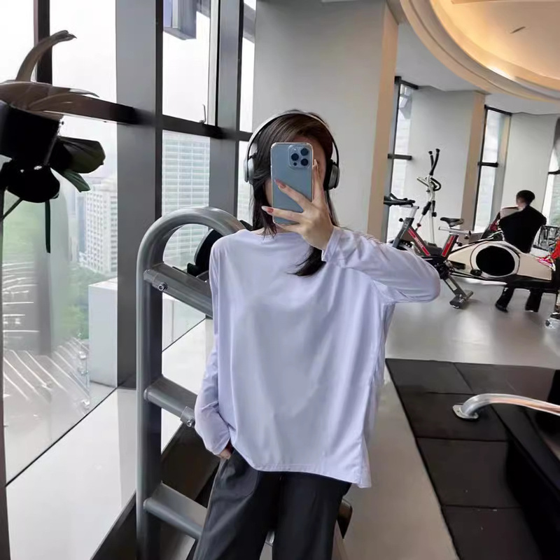 Luludarling Yoga Wear Ice Silk Sun Protection Clothing Pullover Sports Nylon Top One-Line Collar Long-Sleeved Bottoming