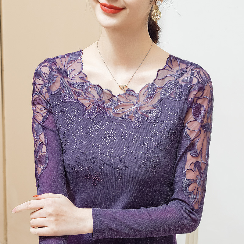 Lanxin Ge Spring and Autumn New Lace Embroidered T-Shirt, Stylish Rhinestone-Embellished Long-Sleeve Women's Top, Wholesale Women's Blouse Lanxin Ge Spring and Autumn New Lace Embroidered T-Shirt, Stylish Rhinestone-Embellished Long-Sleeve Women's Top, Wholesale Women's Blouse