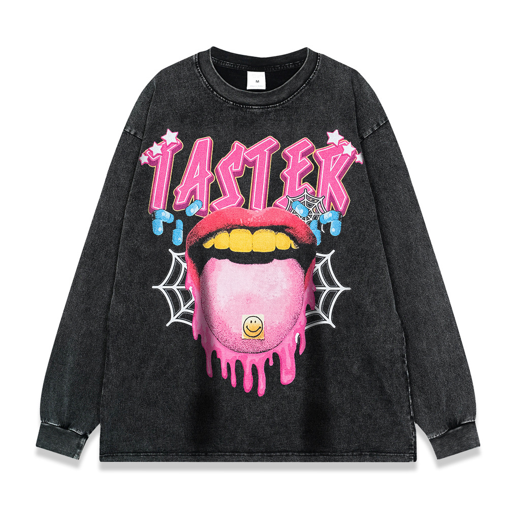 260g pesado copo de nieve frito de manga larga Camiseta americana retro alta calle moda marca suéter suelta Otoño e Invierno de los hombres y las mujeres de fondo