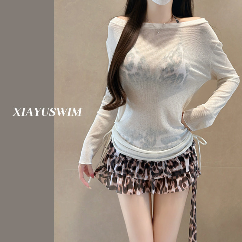 Bikini Swimsuit for Women, Four-Piece Set, Long-Sleeved, Sun-Protective, Sexy Leopard Print, Backless, Beach Vacation Swimsuit Wholesale