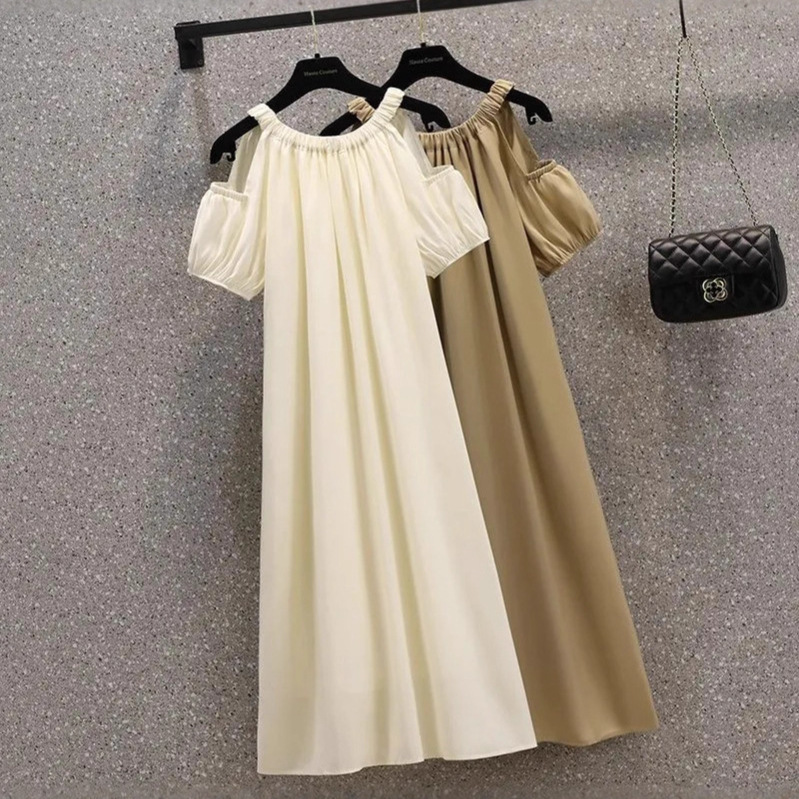 Plus Size Fat mm Korean Style Loose Elegant Off-Shoulder Halterneck Dress Summer Autumn Pregnant Women Can Wear Mid-Length Skirts