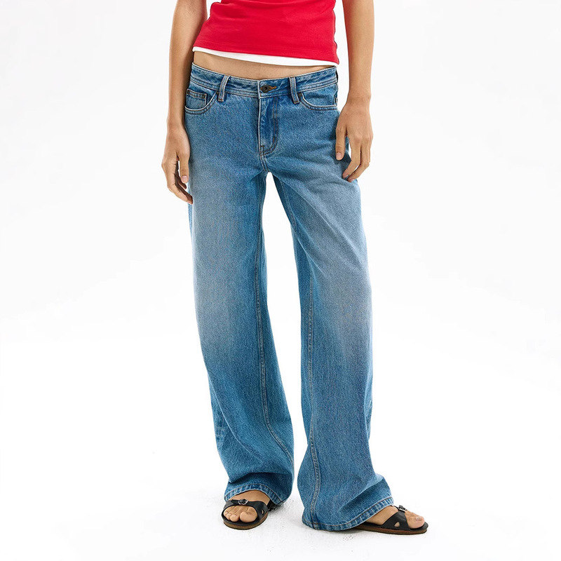 TH ~ ROW Retro light blue Cotton 2025 Spring and Autumn Washed Old Middle and Low Waist Loose Straight Denim Pants