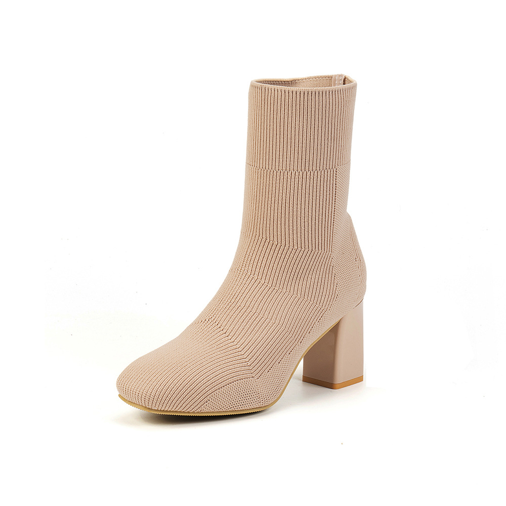 Tacones altos botas delgadas botas delgadas mujeres otoño 2025 nuevo pequeño cuadrado tacones gruesos tejidos botas de mediana botas de calcetines